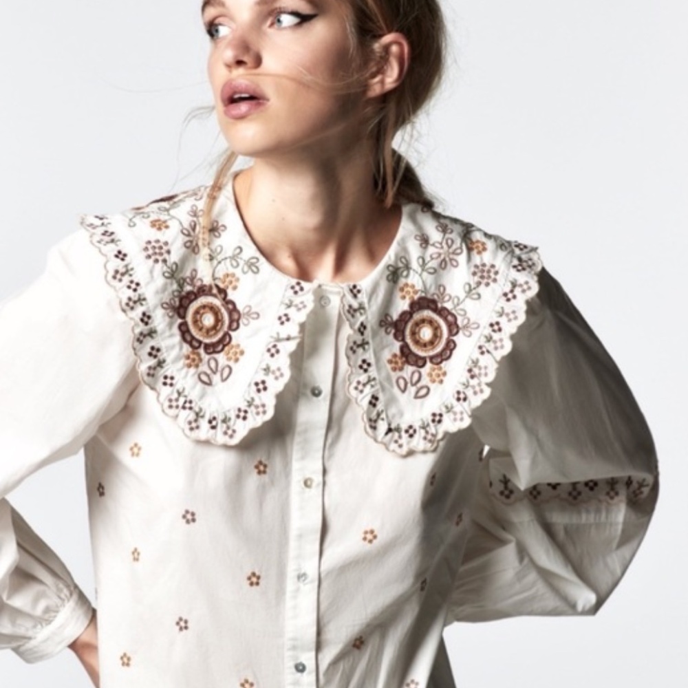 Zara Embroidered Poplin Top